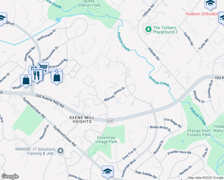 map of restaurants, bars, coffee shops, grocery stores, and more near 6427 Old Scotts Court in Springfield