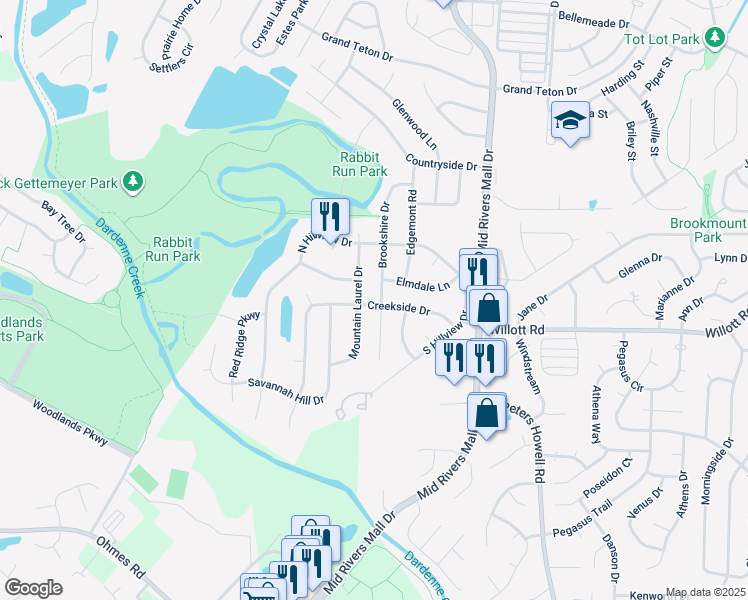 map of restaurants, bars, coffee shops, grocery stores, and more near 31 Creekside Drive in Saint Peters