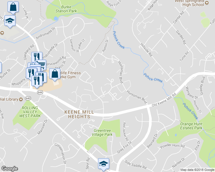 map of restaurants, bars, coffee shops, grocery stores, and more near 6427 Old Scotts Court in Springfield