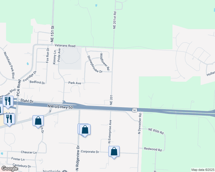 map of restaurants, bars, coffee shops, grocery stores, and more near 1517 Park Avenue in Warrensburg