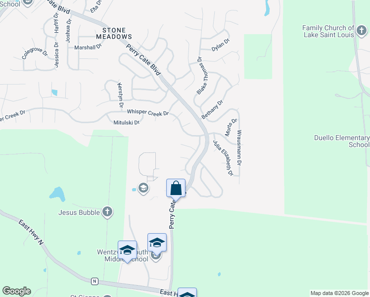 map of restaurants, bars, coffee shops, grocery stores, and more near 53 Helena Court in Wentzville