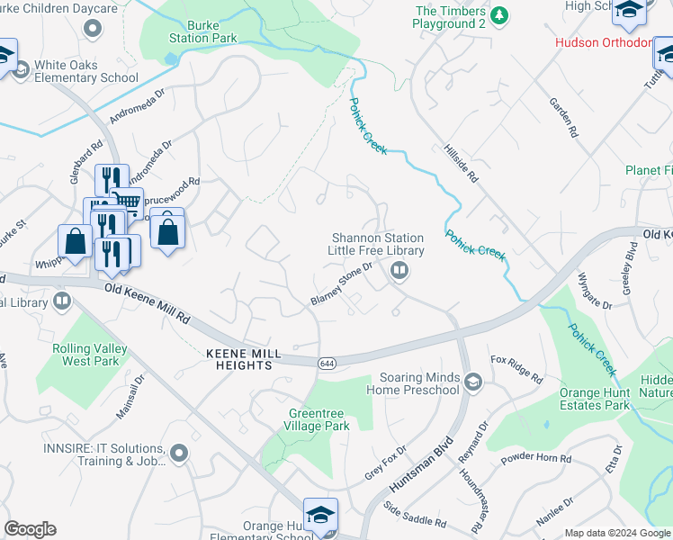 map of restaurants, bars, coffee shops, grocery stores, and more near 6431 Old Scotts Court in Springfield