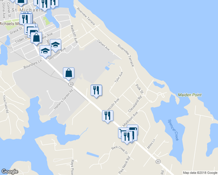 map of restaurants, bars, coffee shops, grocery stores, and more near 207 Tyler Avenue in Saint Michaels