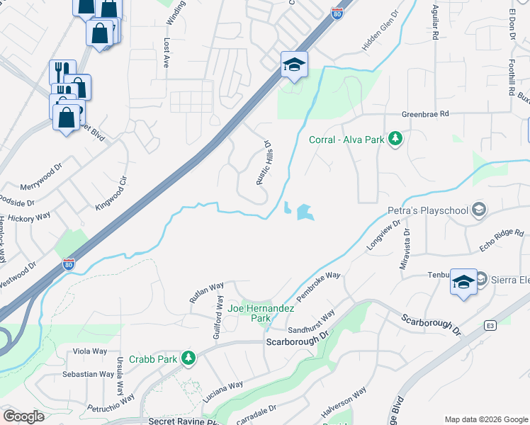 map of restaurants, bars, coffee shops, grocery stores, and more near 6275 Rustic Hills Dr in Rocklin