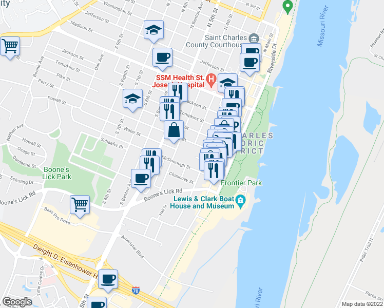 map of restaurants, bars, coffee shops, grocery stores, and more near 300 Water Street in St. Charles