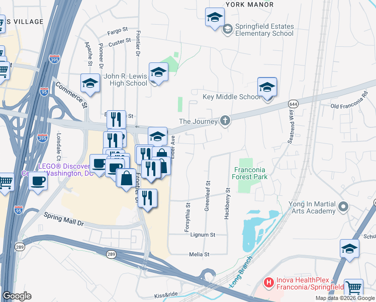map of restaurants, bars, coffee shops, grocery stores, and more near 6578 Forsythia Street in Springfield
