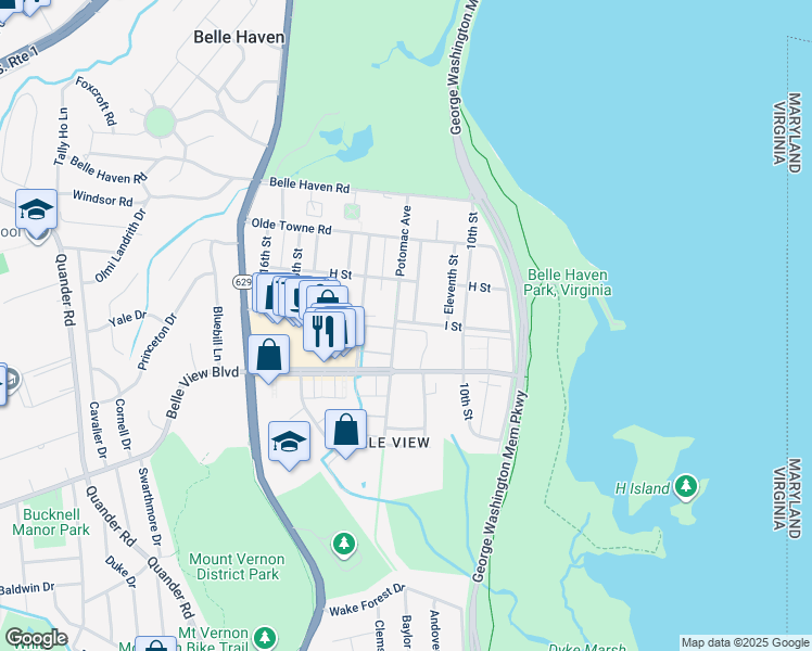 map of restaurants, bars, coffee shops, grocery stores, and more near 1111 I Street in Alexandria