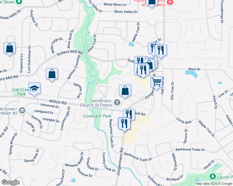 map of restaurants, bars, coffee shops, grocery stores, and more near 762 Highland Hill Court in St. Peters