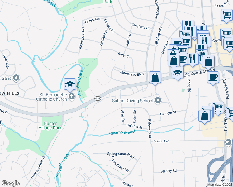 map of restaurants, bars, coffee shops, grocery stores, and more near 6509 Castine Lane in Springfield