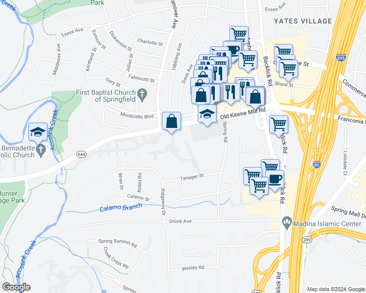 map of restaurants, bars, coffee shops, grocery stores, and more near 6526 Lyles Road in Springfield