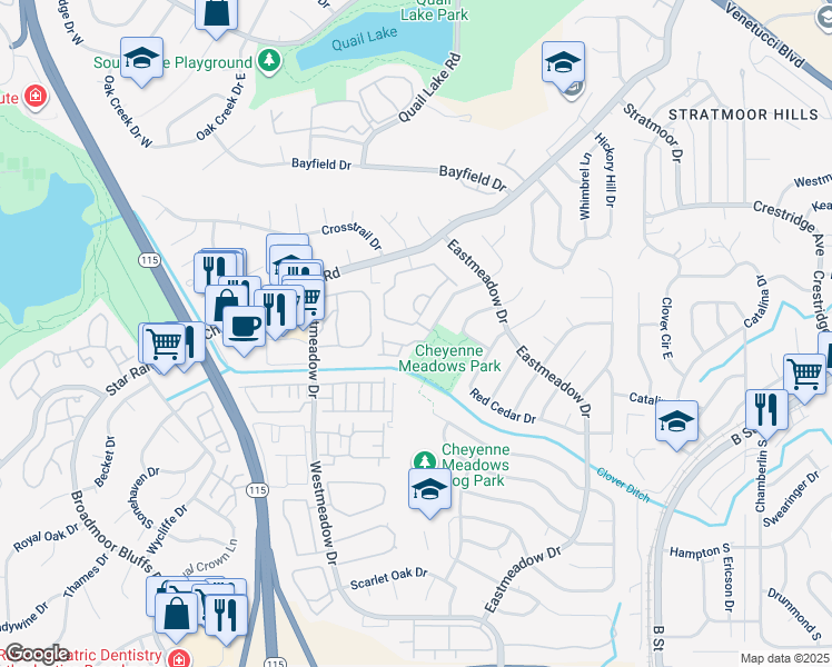 map of restaurants, bars, coffee shops, grocery stores, and more near 3750 Strawberry Field Grove in Colorado Springs