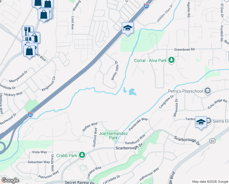 map of restaurants, bars, coffee shops, grocery stores, and more near 6275 Rustic Hills Drive in Rocklin