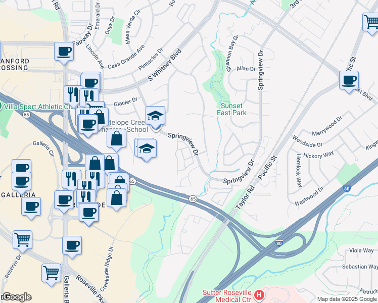 map of restaurants, bars, coffee shops, grocery stores, and more near 2518 Tule Lane in Rocklin