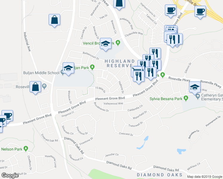 map of restaurants, bars, coffee shops, grocery stores, and more near 209 Summer Grove Circle in Roseville