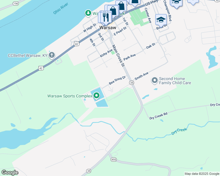 map of restaurants, bars, coffee shops, grocery stores, and more near 1216 Meadowcreek Lane in Warsaw