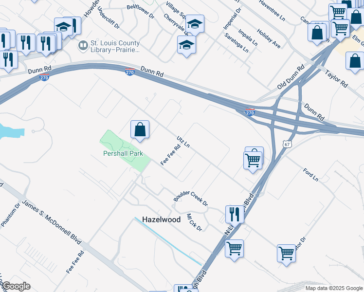 map of restaurants, bars, coffee shops, grocery stores, and more near 6130 Fee Fee Road in Hazelwood
