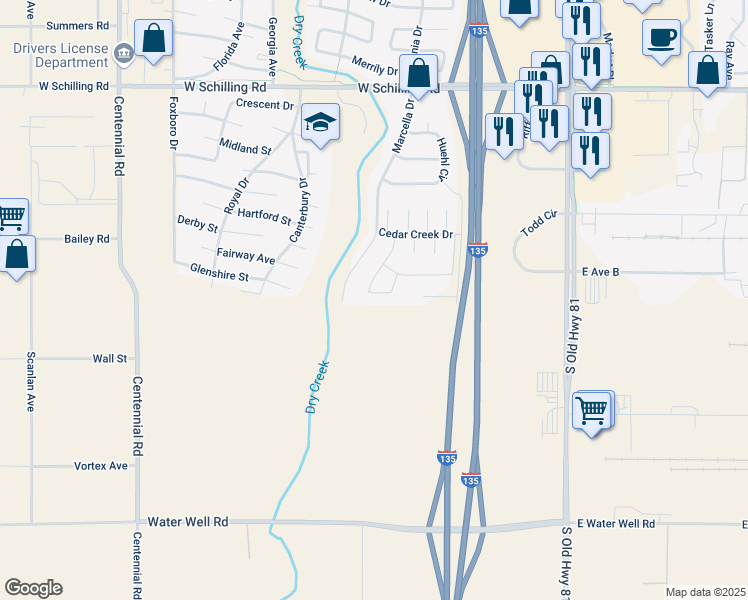 map of restaurants, bars, coffee shops, grocery stores, and more near 3334 Ringneck Crossing in Salina