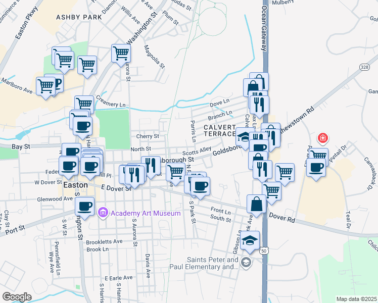 map of restaurants, bars, coffee shops, grocery stores, and more near 108 North Park Street in Easton