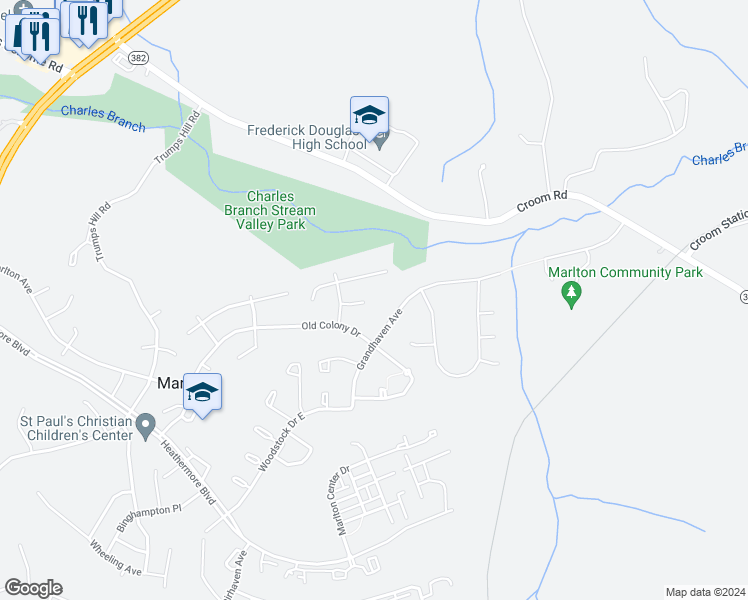 map of restaurants, bars, coffee shops, grocery stores, and more near 12208 Kinloch Court in Upper Marlboro