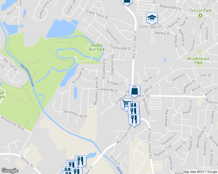 map of restaurants, bars, coffee shops, grocery stores, and more near 21 Creekside Dr in St Peters