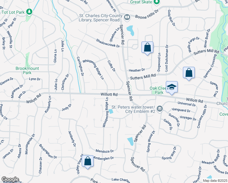 map of restaurants, bars, coffee shops, grocery stores, and more near 1207 Colby Drive in St. Peters