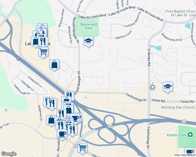 map of restaurants, bars, coffee shops, grocery stores, and more near 251 Hickory Wood Drive in Lake Saint Louis