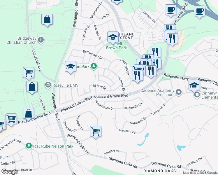 map of restaurants, bars, coffee shops, grocery stores, and more near 209 Summer Grove Cir in Roseville