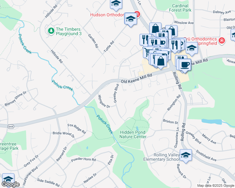 map of restaurants, bars, coffee shops, grocery stores, and more near 8612 Greeley Boulevard in West Springfield