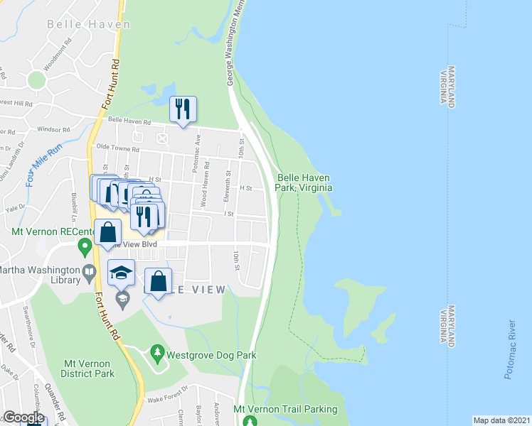 map of restaurants, bars, coffee shops, grocery stores, and more near 6426 Boulevard View in Alexandria