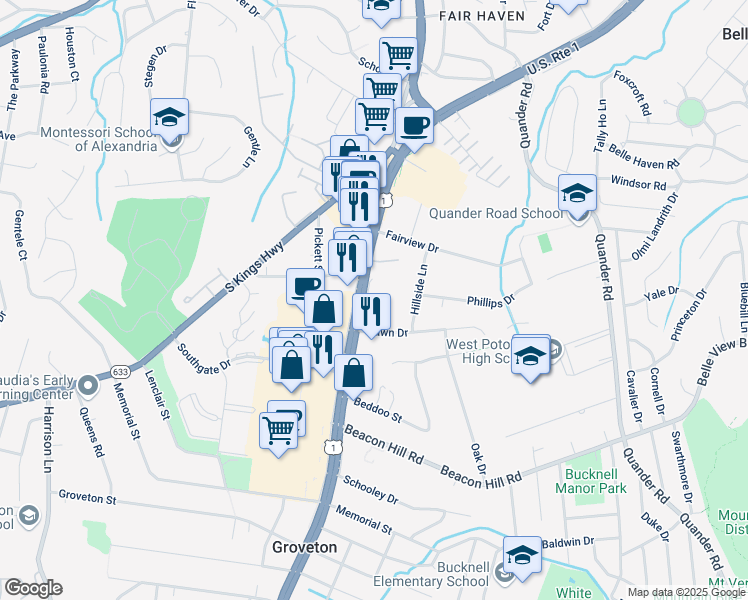 map of restaurants, bars, coffee shops, grocery stores, and more near 6429 Richmond Highway in Alexandria