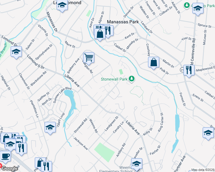 map of restaurants, bars, coffee shops, grocery stores, and more near 8359 Magnolia Court in Manassas