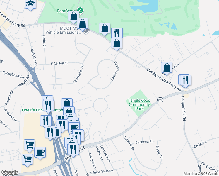 map of restaurants, bars, coffee shops, grocery stores, and more near 7511 Castle Rock Drive in Clinton