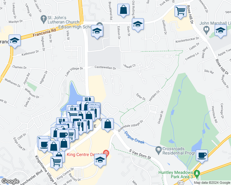 map of restaurants, bars, coffee shops, grocery stores, and more near 6569 Kelsey Point Circle in Alexandria