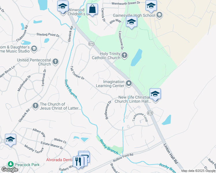 map of restaurants, bars, coffee shops, grocery stores, and more near 13724 Latonia Court in Gainesville