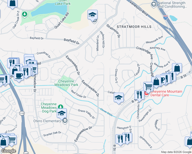 map of restaurants, bars, coffee shops, grocery stores, and more near 3827 Glenhurst Street in Colorado Springs