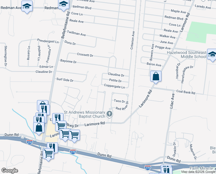 map of restaurants, bars, coffee shops, grocery stores, and more near 1348 Coppergate Lane in St. Louis
