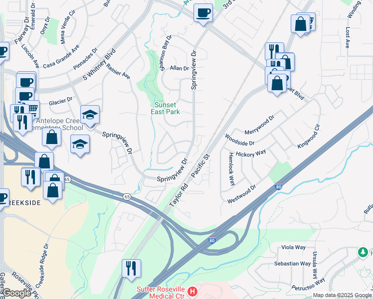 map of restaurants, bars, coffee shops, grocery stores, and more near 3000 Twin Creeks Lane in Rocklin