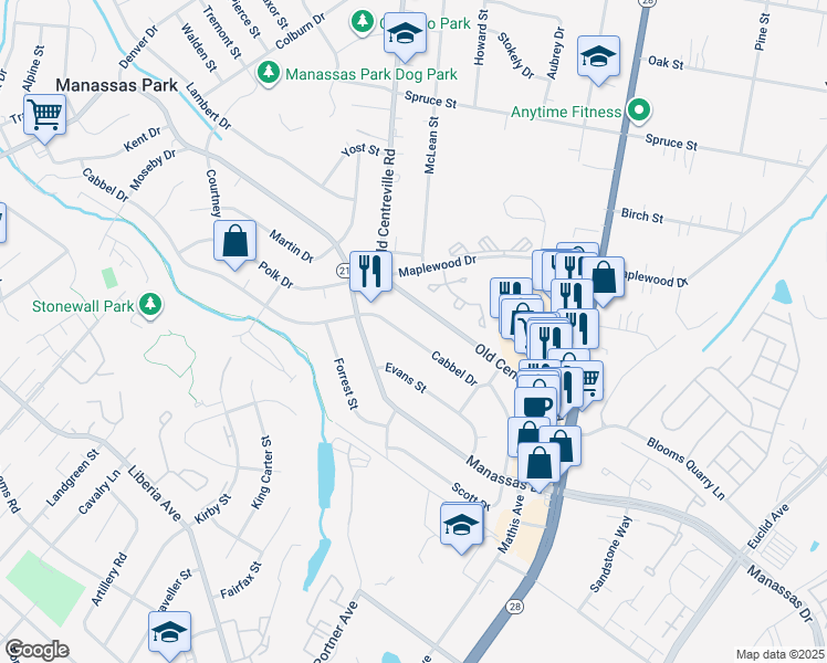 map of restaurants, bars, coffee shops, grocery stores, and more near 138 Cabbel Drive in Manassas Park