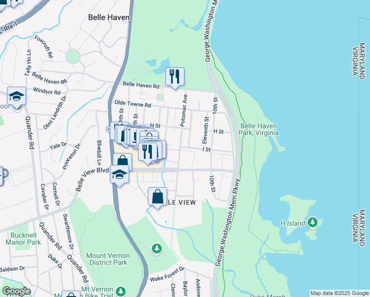 map of restaurants, bars, coffee shops, grocery stores, and more near 1111 I Street in Alexandria