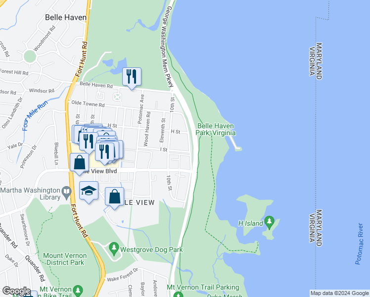 map of restaurants, bars, coffee shops, grocery stores, and more near 1202 I St in Alexandria