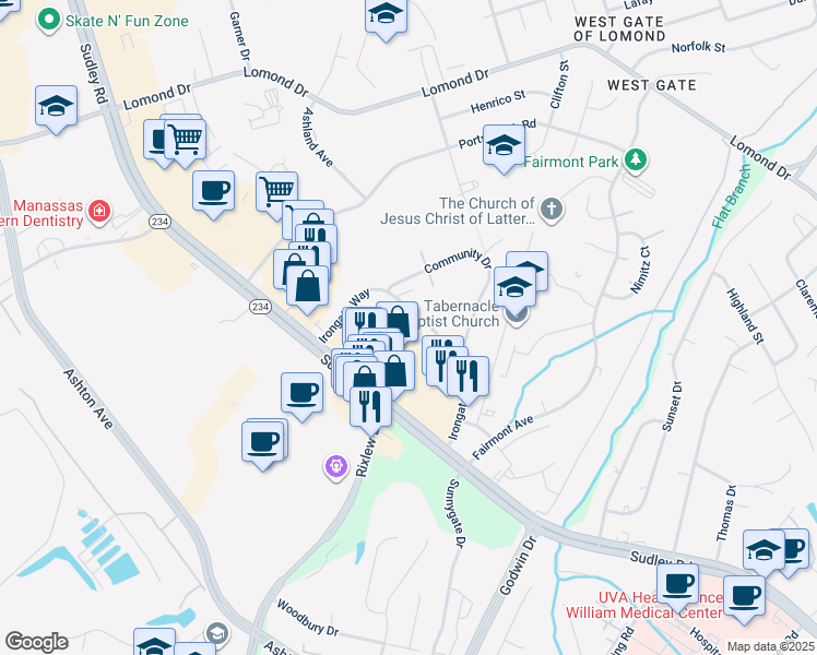 map of restaurants, bars, coffee shops, grocery stores, and more near 10133 Farragut Court in Manassas