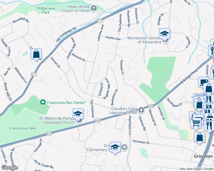map of restaurants, bars, coffee shops, grocery stores, and more near 6553 Virginia Hills Avenue in Alexandria