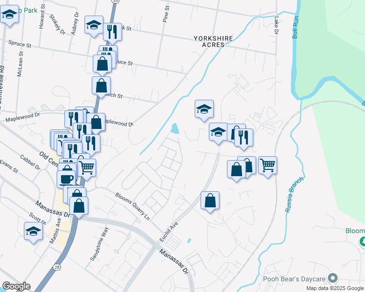 map of restaurants, bars, coffee shops, grocery stores, and more near 8191 Glade Bank Drive in Manassas