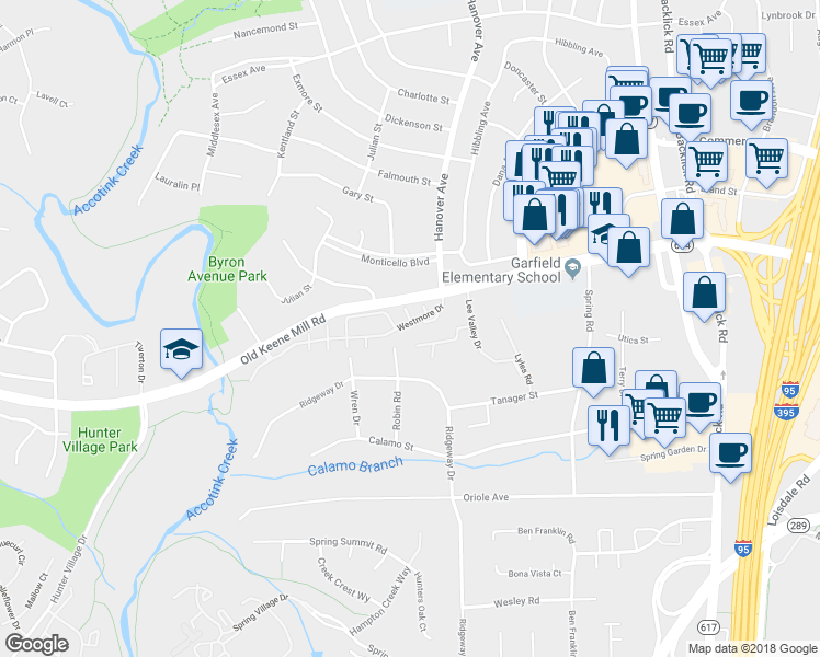 map of restaurants, bars, coffee shops, grocery stores, and more near 7305 Westmore Drive in Springfield