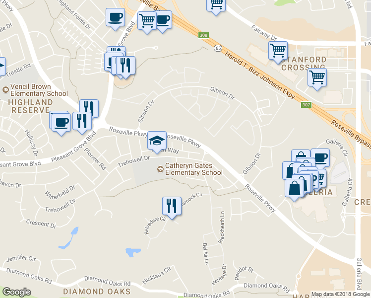 map of restaurants, bars, coffee shops, grocery stores, and more near 12 Springwood Court in Roseville