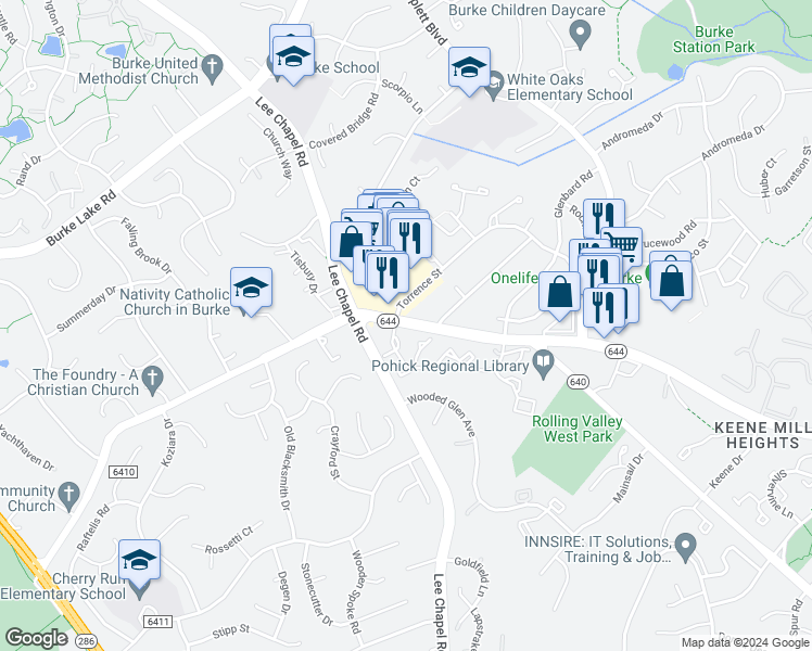 map of restaurants, bars, coffee shops, grocery stores, and more near 9539 Old Keene Mill Road in Burke