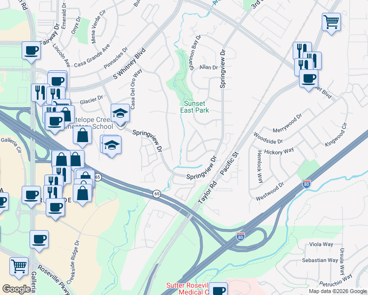map of restaurants, bars, coffee shops, grocery stores, and more near 2926 Twin Creeks Lane in Rocklin