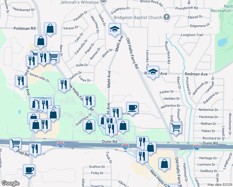 map of restaurants, bars, coffee shops, grocery stores, and more near 11253 Liberty Landing Drive in Florissant