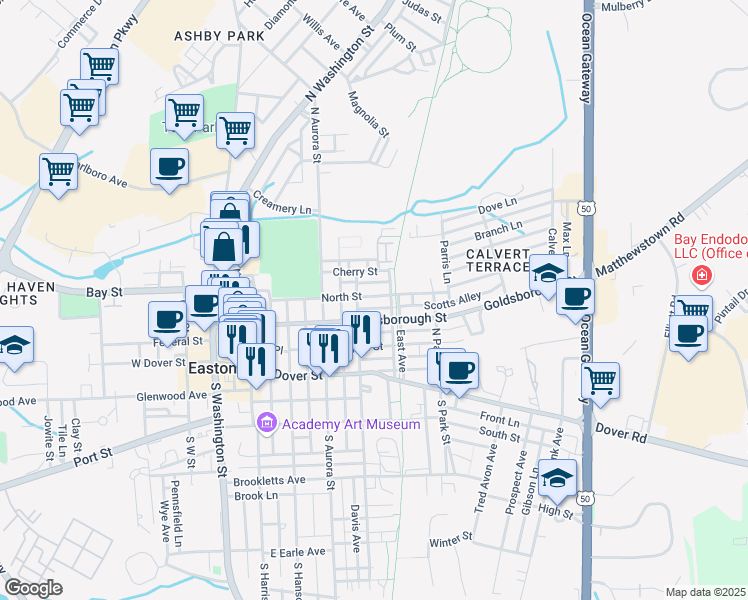 map of restaurants, bars, coffee shops, grocery stores, and more near 412 North Street in Easton