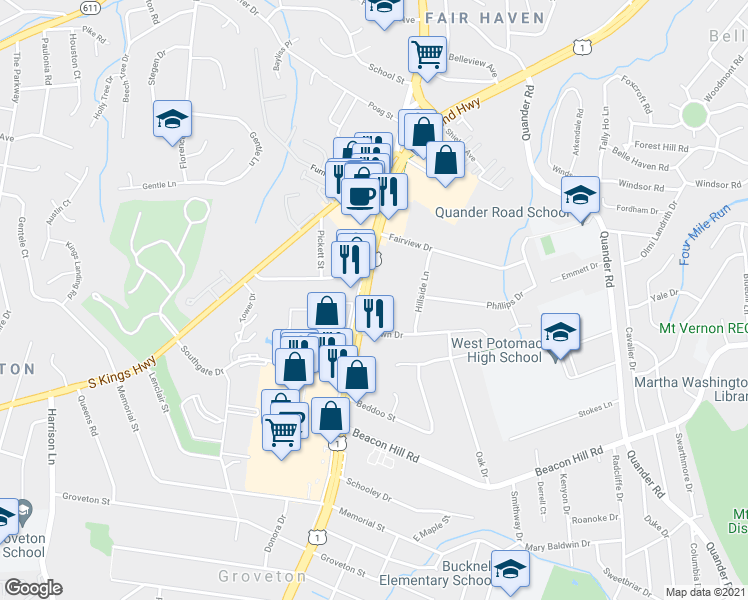 map of restaurants, bars, coffee shops, grocery stores, and more near 6429 Richmond Highway in Alexandria